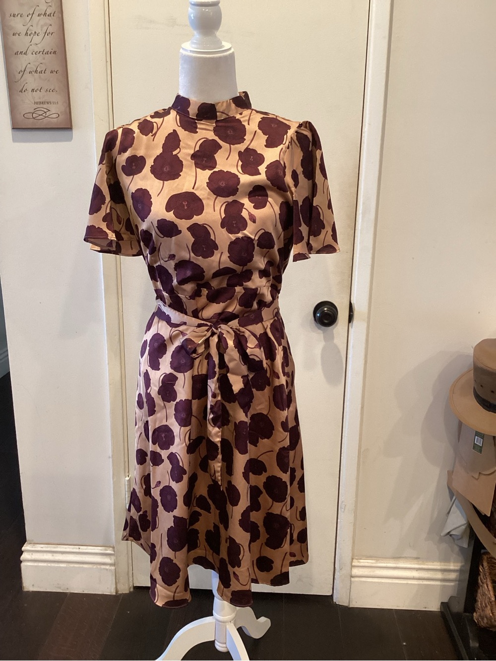 Ann Taylor Beige Midi Dress with Plum Floral Print